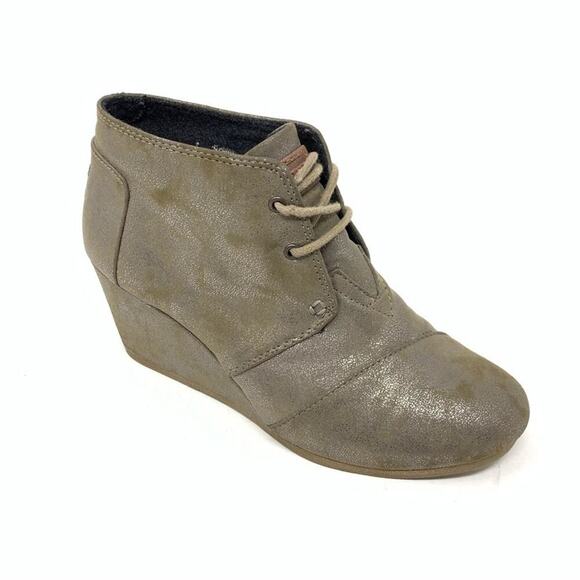 Toms Metallic Gunmetal Gold Taupe Lace Up Desert Wedge Booties 301014 Size 8.5 - Picture 1 of 8